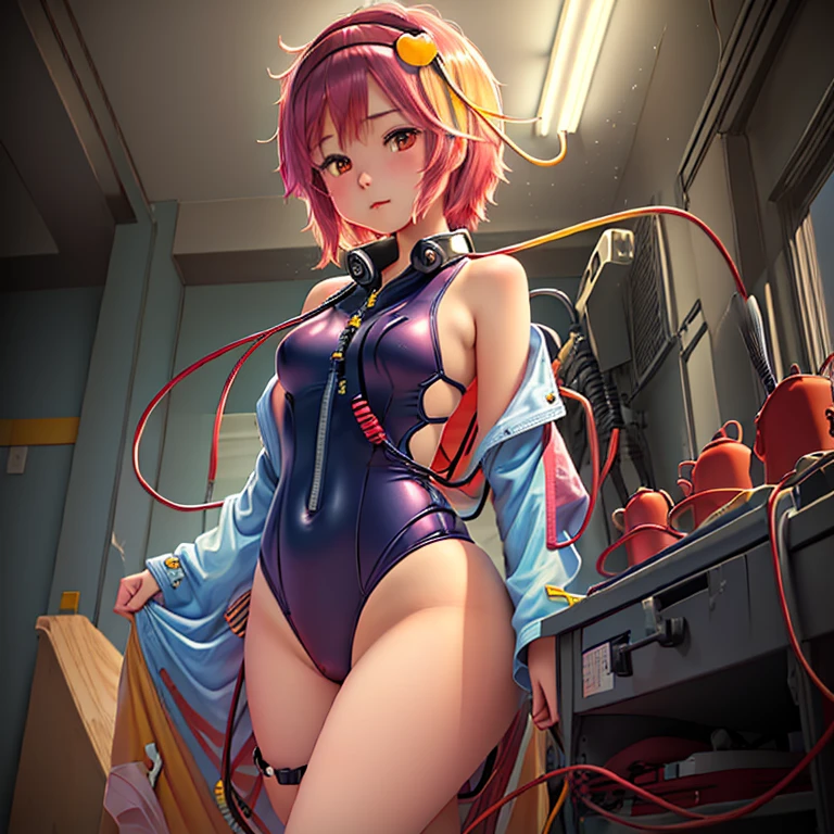 A cute anime girl in a yellow swimsuit standing in front of a row of red and blue brushes, wearing a beautiful detailed anime-style swimsuit, seductive anime girl, extremely detailed and beautiful anime art, Asuka-style plugsuit underneath, soft anime illustration, beautiful anime girl