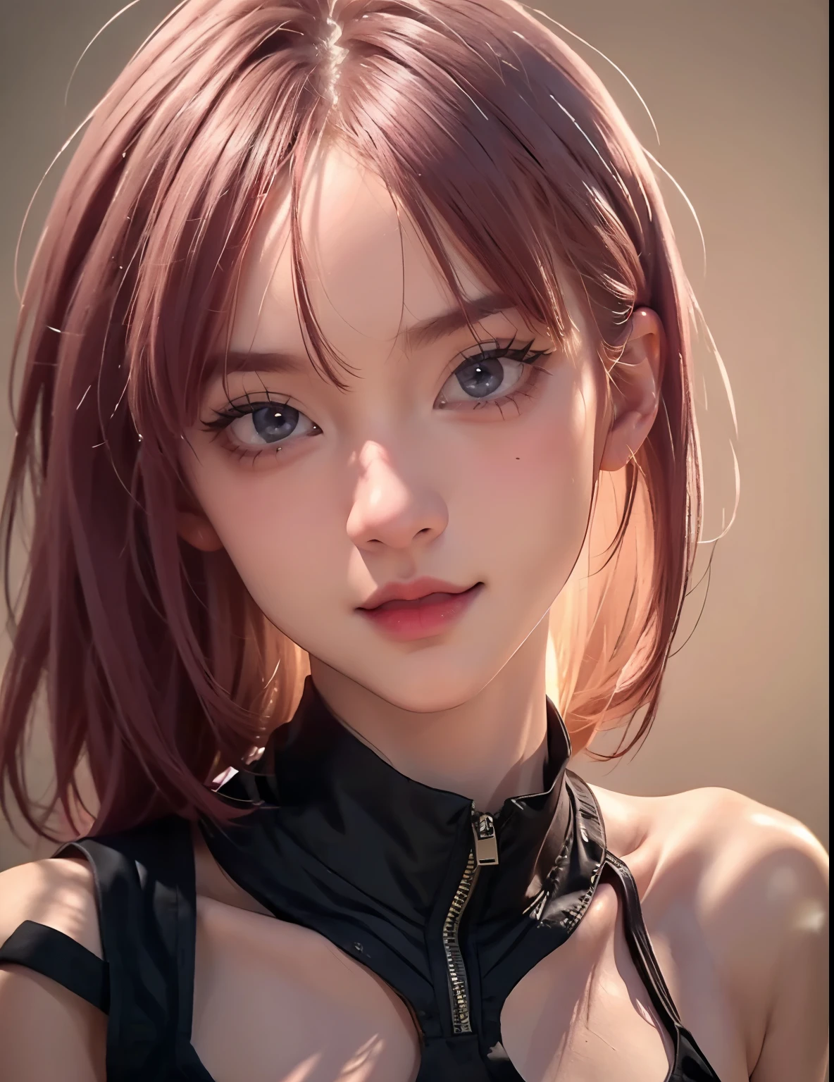 young woman, short shoulder-length pink hair, wide forehead, porcelain skin, pink eyebrows, big emerald green eyes, buttoned nose, full lips, heart-shaped face, slender body, small breasts, maroon tank top, Sakura Haruno , realistic, Realism, details, 3d, well detailed.