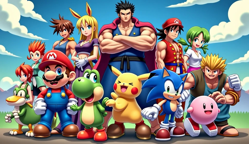 Super Mario, ein Super Sajajin, Raffael from the Ninja Turtles, monkey D.Ruffy, pikachu, Gon Freecs group photo with dark background