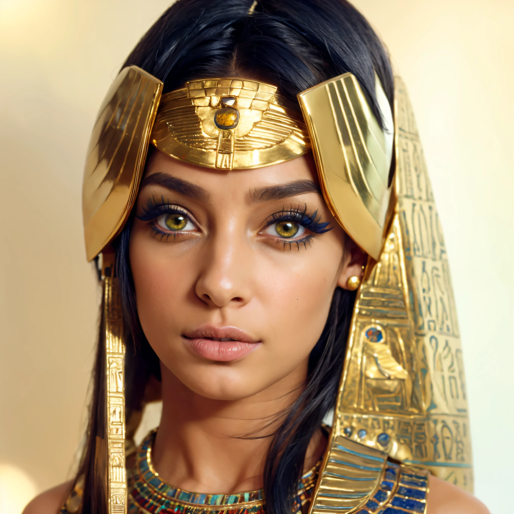 Make her into an Egyptian priestess, in 2.5D semirealisim, portrait shot, lots of detail, beautiful tanned girl, she has Egyptian eyes of horus for eyeliner around her green eyes, she wears and elegant dress made out of golden feathers and mosaics of blue lapis lazuli. Her figure is slim with a nice big cleavage, her tit look like they will almost pop out of here dress, she wears a nubian wig, adorned with gold and lapis lazuli 