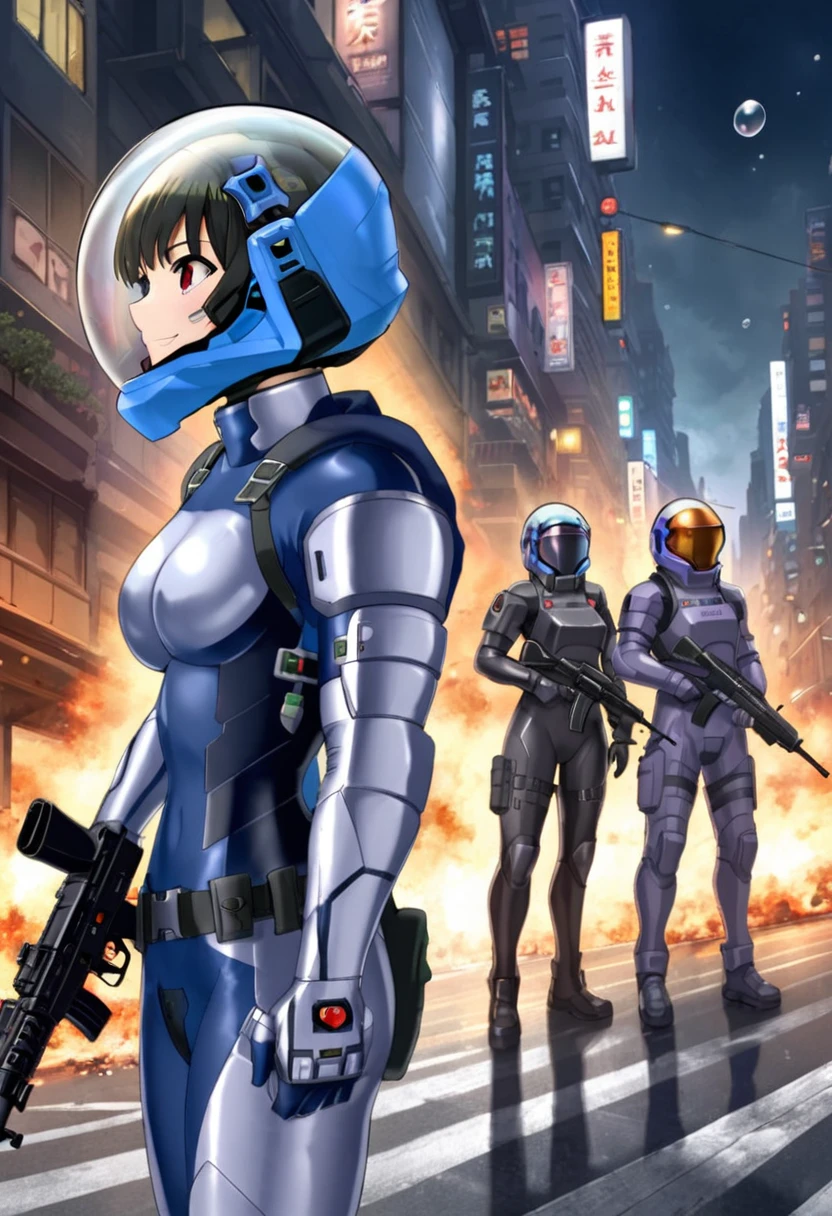  apocalypse,ak47, armor,assault rifle,belt,goggles,holding weapon,m4 ,holding gun,standing,, eva helm, helmet space, short hair,, bubble helmet, upper body, smile, black hair, red eyes,city, road, space helmet, space helmet, eva helm, space suit, short hair,  blue bodysuit, full body, from side