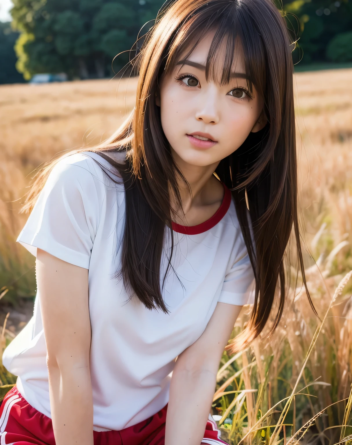 プールサイド、水で濡れてびしょ濡れ、highest quality、Portrait、japanese woman、real、Skinny elementary school students、Small breasts、1 person,11 year old girl,small,smile,(Aperture value F22,15mm value,ISO100 setting),8K quality,RAW photo,professional photography,professional lighting,((hair swaying in the wind))、young and shiny white skin、glossy black hair、Smooth and fluffy semi-long hair、Hair tied with ribbons、((flat  ))、Shining beautiful bangs、Crystal clear attractive dark brown eyes、thin body、Best moment、small ass、full body、(Gym clothes with short sleeves)、Uplifting、sprinting at full speed、hair swaying in the wind、gushing sweat、background bokeh、