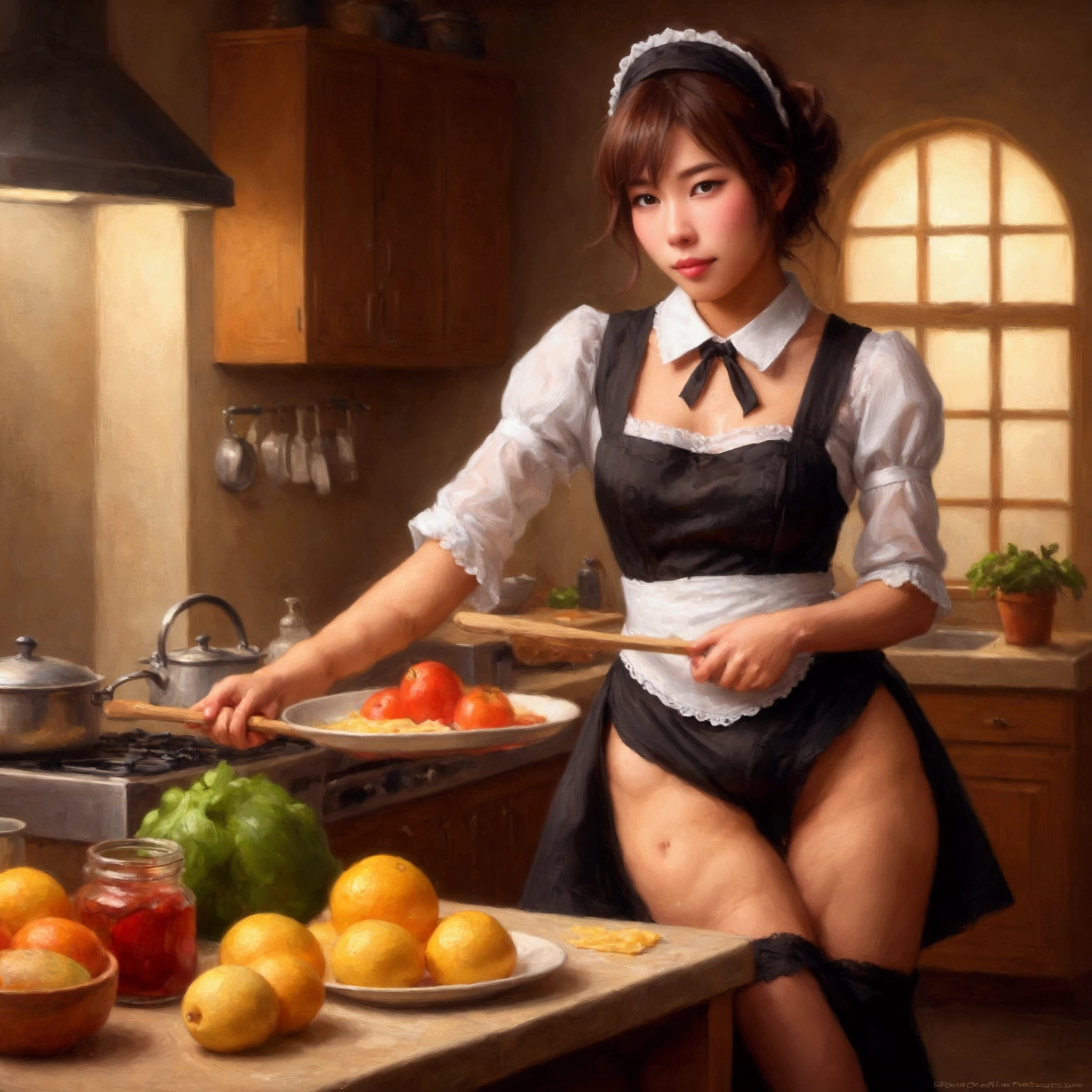 A seductive maid (cute yuna, age 20, amazing butt, slim waist, sheer sexy maid lingerie), cooking and cleaning, sometimes on her knees pleasuring her master's big dick, photorealistic, masterpiece, highly detailed, realistic lighting, cinematic composition, warm color tones, dramatic chiaroscuro