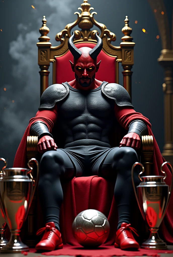 (photorealism:1.2), beautiful Imagine a black demon with red eyes in 3D with a serene face but a challenging look, strong and slender body staring straight ahead, While holding a cup of blood in his left hand and with his right hand he holds his menthol. His throne is majestic and impeccable and has the word LOKO engraved on the top. 