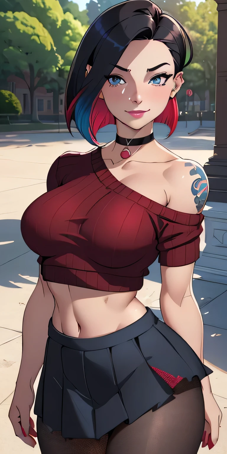 Big breasts,1adult girl, solo, expressive eyes ((black hair: 1.4, red tips, multicolored bob hair, choker)), double eyelids, light effect on eyes, ((blue eyes)), adult woman, (red velvet sweater, crop top sweater, , short sleeves, pleated skirt, fishnet pantyhose) single bare shoulder, smiling, confident face, sfm, eyebrow piercing, ear piercing, navel, nagatiti, perky breasts , small breasts, ((Work of art, 16k, realistic, shadow and light on the skin)) makeup, dark lipstick, a park, tattoo on arms, open waist, (perfect symmetrical body)