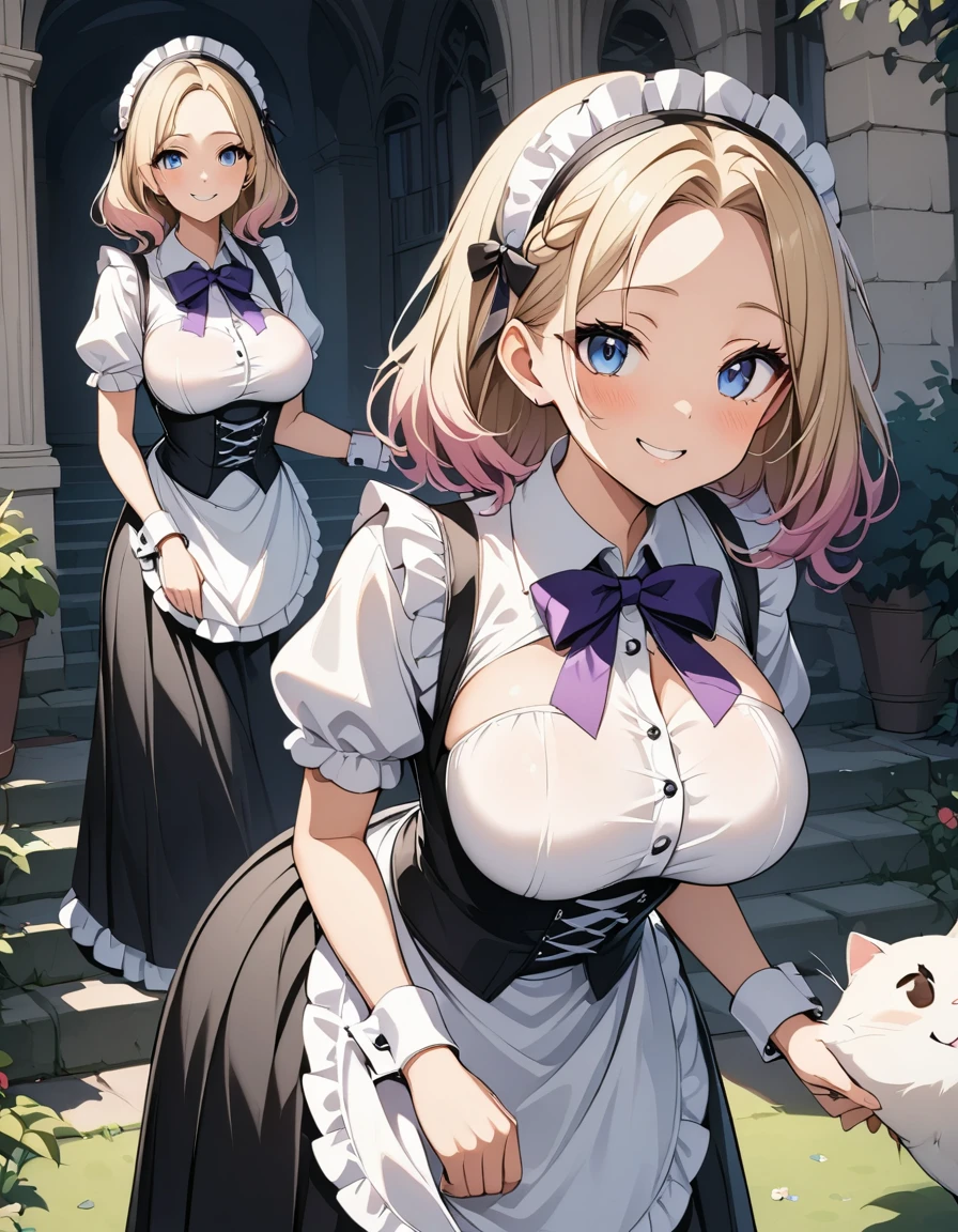 ((highest quality、High resolution、masterpiece))、(((2girls))), Portrait、A beautiful woman、Perfect body、beautiful ample breasts、Nipples、Long blonde、Maid、No panties、Embarrassed、((Lift up your skirt and show your pussy))、Love juice、I&#39;m tempting you