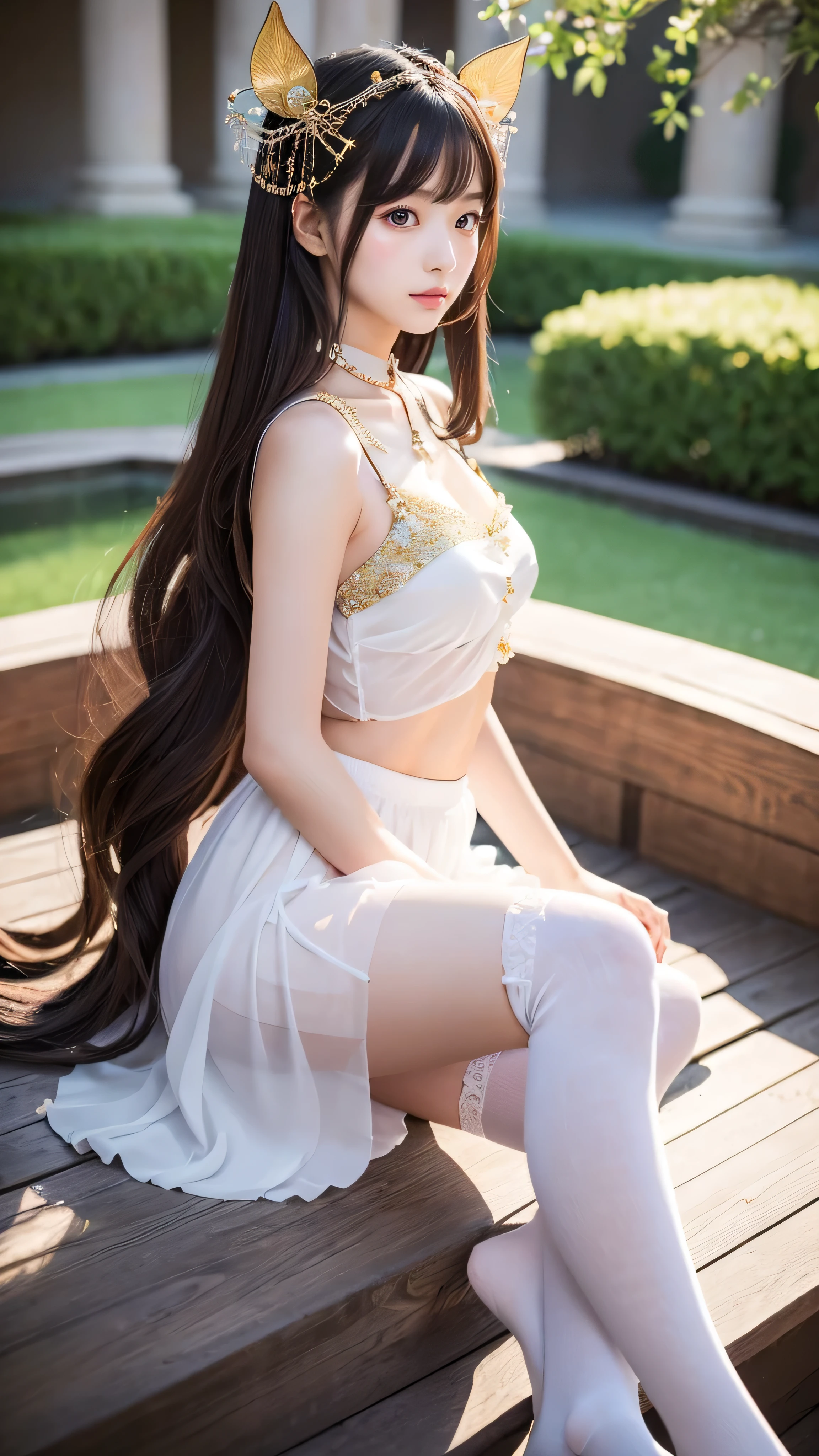 there is an ancient palace beside the girl, a extremely delicate and beautiful girl, photorealistic, incredibly absurdres, Abstract art, Show from the hips to the shoulders, grabbing, extremely detailed body, woman, young,20 years old, very long hair, floating hair, light brown hair, two-tone hair, beautiful detailed hair, delicate beautiful face, light smile, clear eyes, parted_lips, black eyes, neck_ribbon, frilled_dress, jacket, white Clothes, floating palace, beautiful and clear background, beautiful sky, bloom, very precise detailed, absurdres, extremely CG,