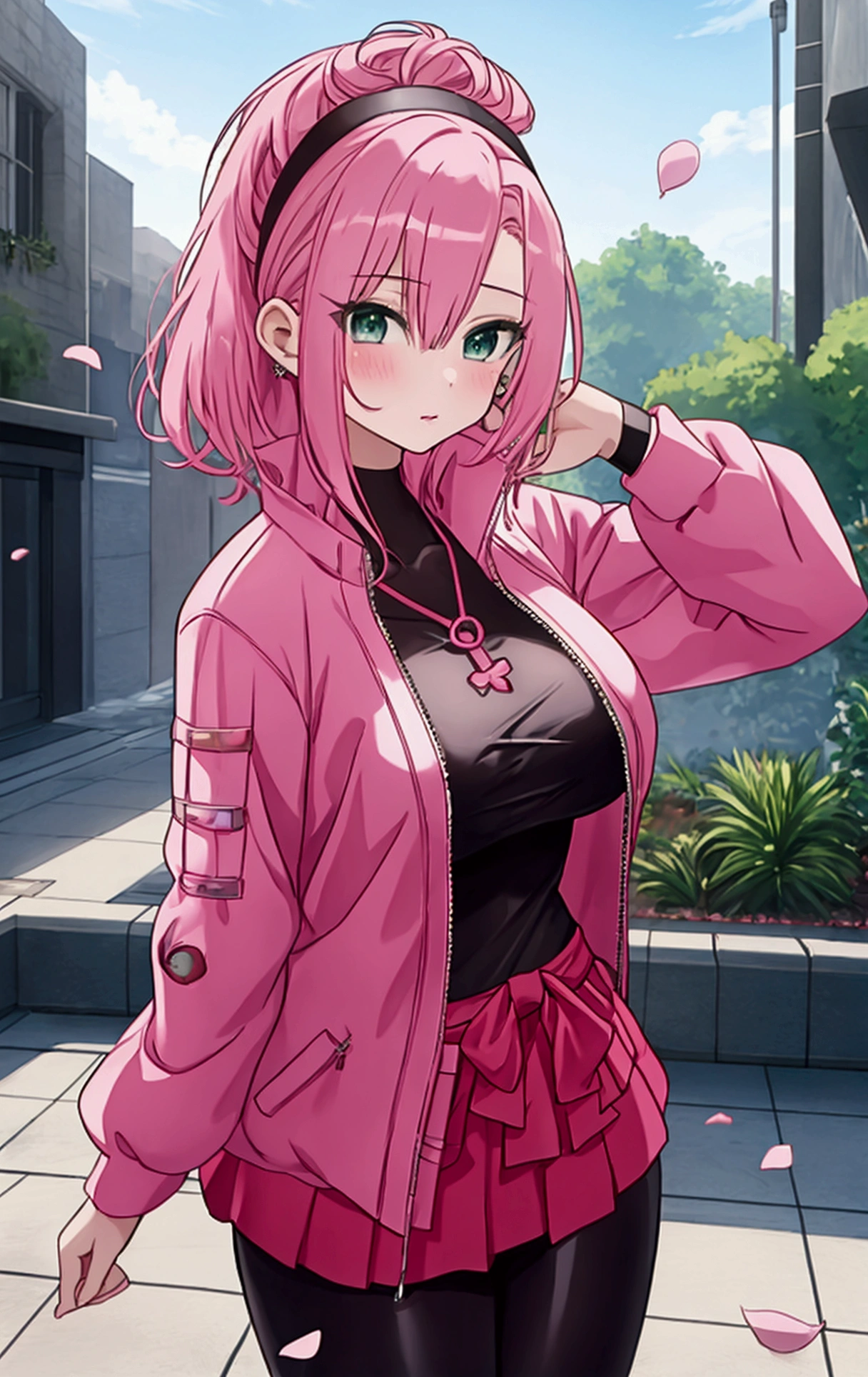 A girl with pink hair and green eyes poses for a photo shoot, Sakura Haruno, adult, Big Breasts, Best anime 4k konachan wallpaper, Enchanting anime girl, I also make fan art, sakura petals around her, Splash Art Anime , Anime Style 4k, Anime Moe Art Style, High quality anime art style, Detailed anime artwork, Anime Wallpaper, Anime Best Girl