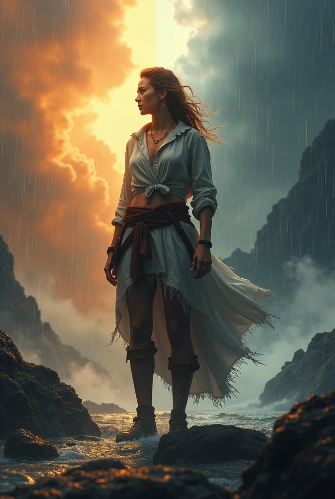 Create an image of a strong woman standing confidently in a symbolic setting. Half of her body is surrounded by bright, warm light, representing resilience and inner strength. The other half faces stormy weather—dark clouds, rain, and sharp rocks—yet she remains unfazed. Her expression shows calm endurance, with subtle visual cues of discomfort. The background transitions from chaos to serenity, emphasizing her higher threshold for pain. Make sure her attire reflects both femininity and toughness, symbolizing balance."