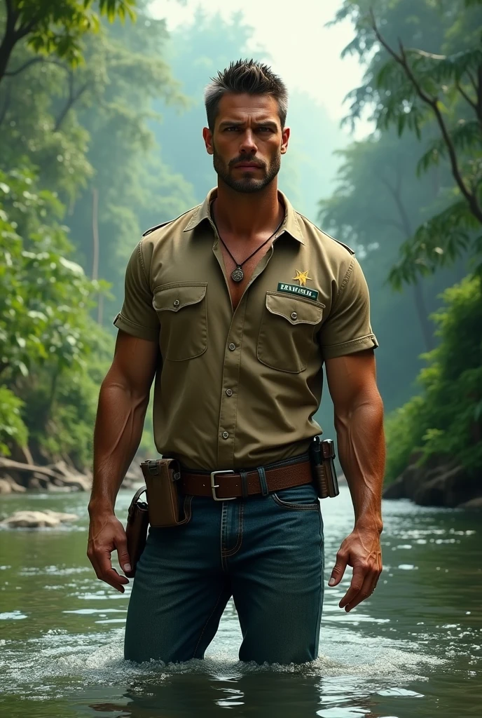 obra-prima, um homem sem barba careca barrigudo branco, roupas do indiana jones, brasileiro de 60 anos, obeso, CALVO , lion with mane,in an African forest petting a lion