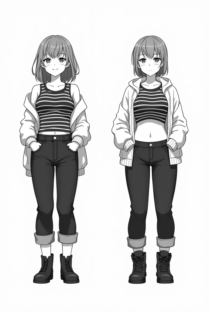 different illustrations of an anime style female character with dark skin color, latina, anime full body illustration, Artistic manga style, Anime Full Body Model, anime style character, Full length portrait, full body of a single character, anime character reference sheet, 2D anime style., Modelo Live2D, unique full body character. young adult woman, latina, dressed in a pink t-shirt, with blue denim shorts, ankle boots negras, large stockings negras, black jacket with violet lines on the sleeves. 3 illustrations of the same character, the first from the front without a jacket, the second from the front with a black jacket on, the third from behind with a black jacket on.