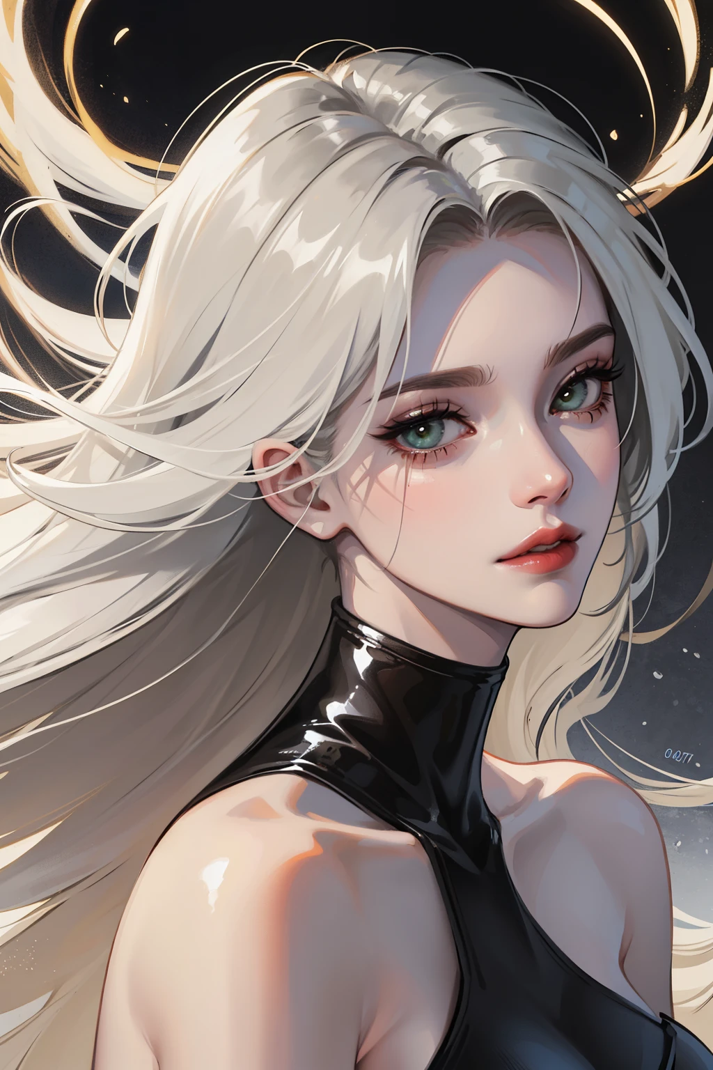 Certainly! Here’s a detailed description of Irina Roswell with half white and half black hair: --- Irina Roswell’s hair is a striking blend of white and black, creating a dramatic and distinctive appearance. The hair is divided precisely down the middle, with one half a pristine, radiant white and the other half a deep, intense black. The white half of her hair flows with a silky, almost ethereal sheen, catching the light and giving off a cool, almost icy glow. This section is smooth and luminous, cascading gently past her shoulders, its lightness contrasting sharply with the darkness of the other half. The black half of her hair is equally sleek but exudes a rich, glossy depth. It’s a stark, jet-black that absorbs light, creating a powerful visual contrast with the white. This side of her hair is slightly more textured, adding a touch of rebellious edge to her otherwise refined look. The transition between the two colors is seamless, with the division slightly blurred where the white and black meet, creating a gradient effect that softens the stark contrast. This blending adds a sense of fluidity and movement to her hairstyle, ensuring the two colors merge gracefully while still maintaining their individual intensity. The bold split in her hair not only emphasizes the sharp angles of her face but also highlights the scar that runs across her left cheek—a remnant of a past conflict. Her light greyish-green eyes, framed by this striking hairstyle, reveal a cool, calculating gaze that further enhances her formidable presence. The overall effect is both mesmerizing and commanding, with the duality of her hair reflecting the complexity of her character.