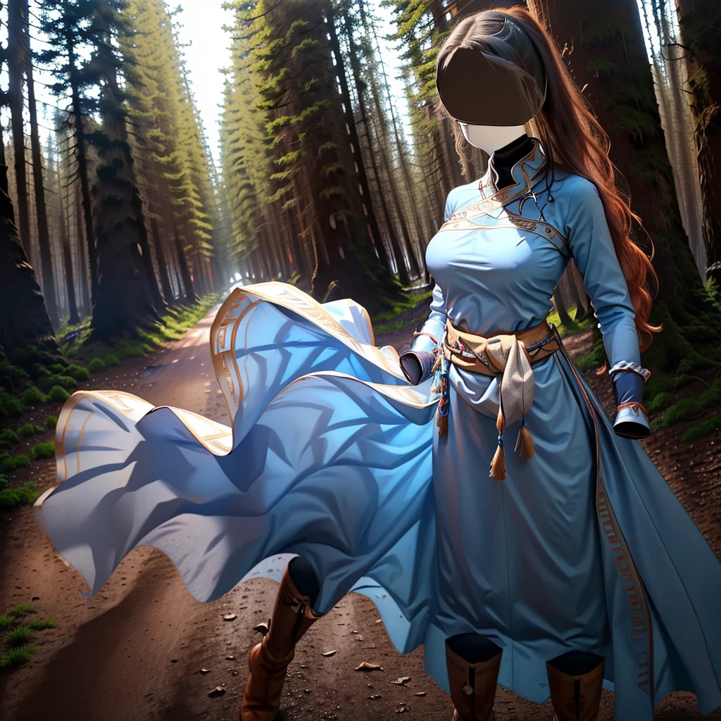 (Best-quality, Masterpiece, Ultra-High-Resolution), (invisible, no humans, headless, faceless:1.5), cute big breasts, (close-up shot of breasts), blue dress, long sleeves, side slit, (defaultLyn), blue dress, pelvic curtain, sash, brown boots, one girl, alone, in forest