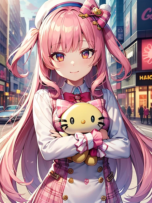 best quality, 4K wallpaper, masterpiece, extremely detailed CG unity 8k wallpaper, extremely detailed eyes, ultra-detailed, intricate details, 
1girl, (h1c4tt3ch poastcard), hugging hello kitty doll, neon city happy, smile, hello kitty, adorable, cute, dynamic pose