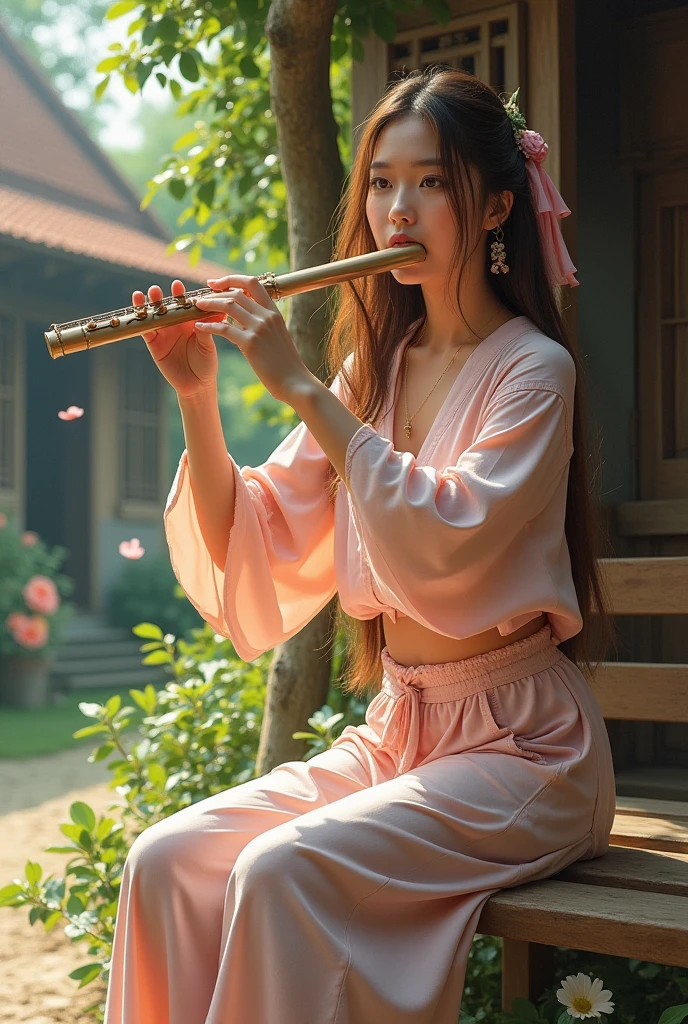 Full body beautiful Thai woman, long light brown hair, wearing a pastel pink boho hippy style blouse, a ribbon in her hair, wide flowered pants, sitting outside her house on a wooden bench, playing the flute. The house is rustic located in a village. A brushed  oil painting , mixing fantasy and realism.Create an image of a note floating in the image.