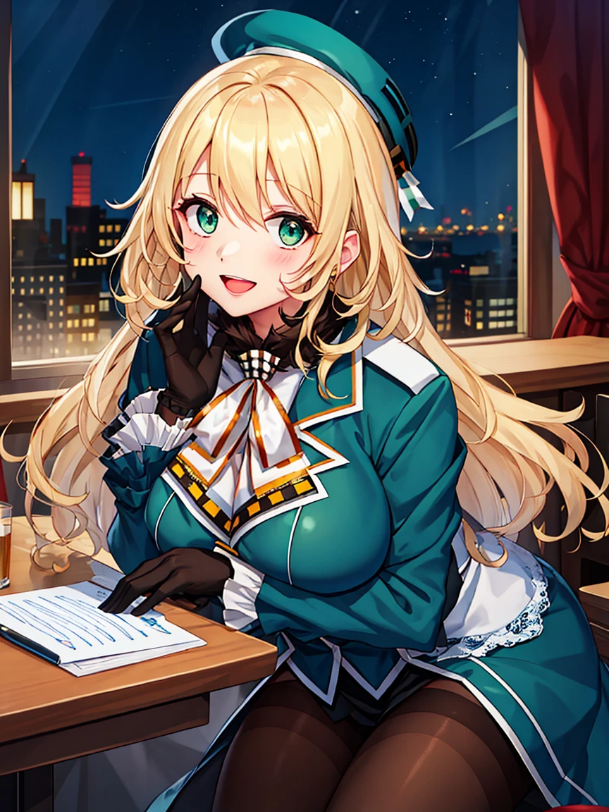 Portrait, official art, best masterpiece, best quality, best resolution, 8K, best detailed, perfect anatomy, nice hands, perfect hands
BREAK
looking at viewe, cowboy shot
BREAK
(atago kantaicollection:1.15), blonde hair, long hair, hat, beret, military, green eyes, blue eyes, black gloves, gloves, military uniform, uniform, pantyhose, (large breasts:1.2), 1woman, solo
BREAK
(leaning forward:1.2), (arm support, breast hold)
BREAK
(happy), smile, open your mouth, (blush:1.2)
BREAK
luxurious mansion, luxurious office, office room, (night, midnight, darkness:1.3), very fine and detailed 16KCG wallpapers