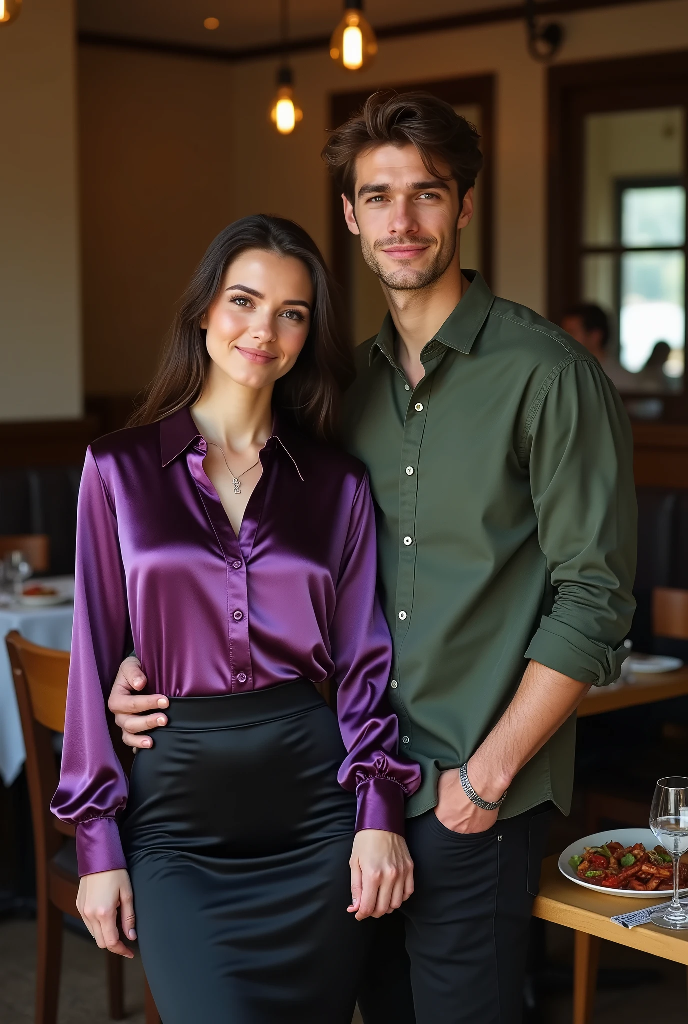 a guy in light gray turtleneck and a girl in purple turtleneck 