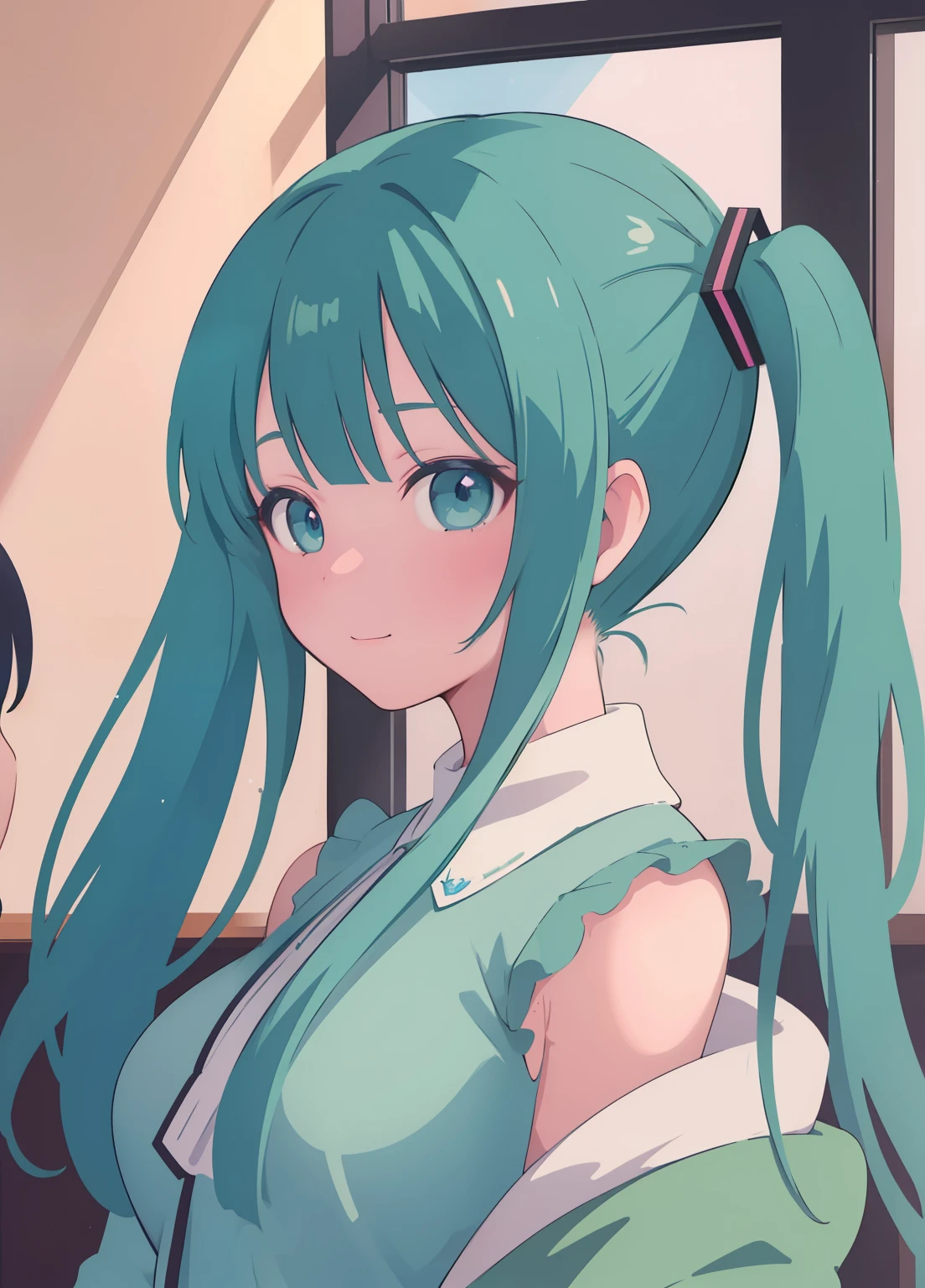 (1 nekomimi girl, without human ears),(beautiful eyes finely detailed, Face to detail, teal hair, long hair), wearing long dress, twerking pose to you, seductive facial expression, smiling with teeth, blush on her face, at the library, camera angle from front, looking at you, ​masterpiece, top-quality, detailed, High resolution illustration