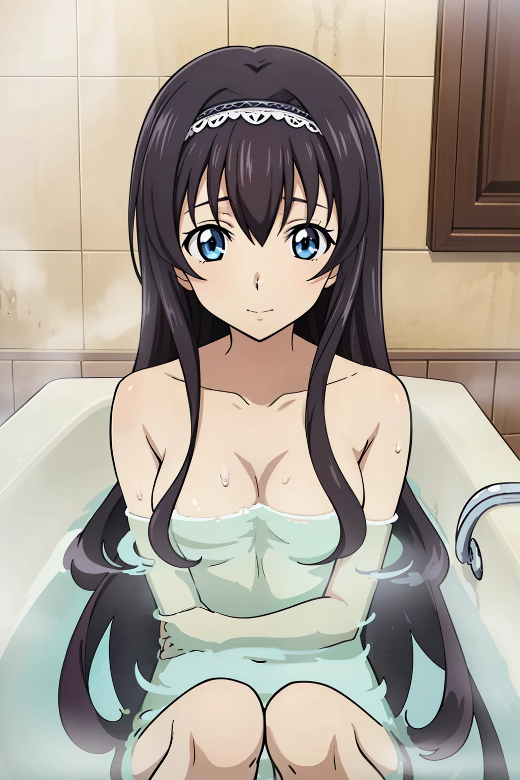 Girl in a bathtub, (bathing in the bathtub:1.1), Wistful eyes, Black Hair,Long Hair,blue eyes,bangs, ((髪band)), Animeセル画スタイル,masterpiece, Best Quality, Very detailed, a Anime女の子, a girl, nude, Naughty anime style, Anime, Naughty style, Naughty, Digital anime art!!, Anime Style, Official artwork, Visual Novel CG, 美しいAnime, Anime Style 4k