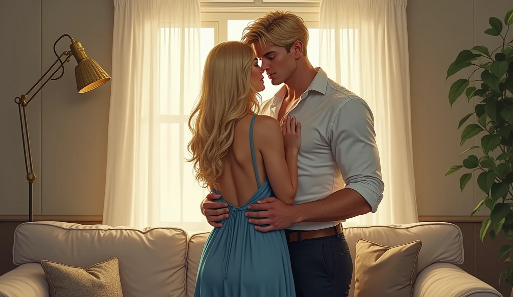 1 girl, blonde hair, a young man embraces her below her back, they are looking at a painting hanging on the wall, painting (middle ground), traditional means