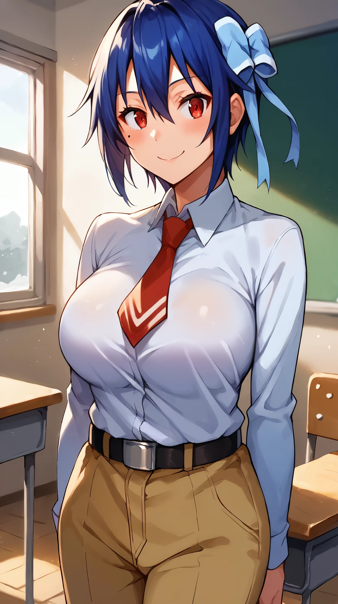 Score_9, Score_8_wonderful, Score_7_wonderful, Score_6_wonderful, sauce_anime, 1 person, solo BREAK tsugumi seishirou, Mole under the eye, Blue Hair, Short Hair, Hair Ribbon, Blue jacket, White shirt, Collared shirt, Red tie, belt, Brown pants, large breasts, cool, blush, smile, classroom