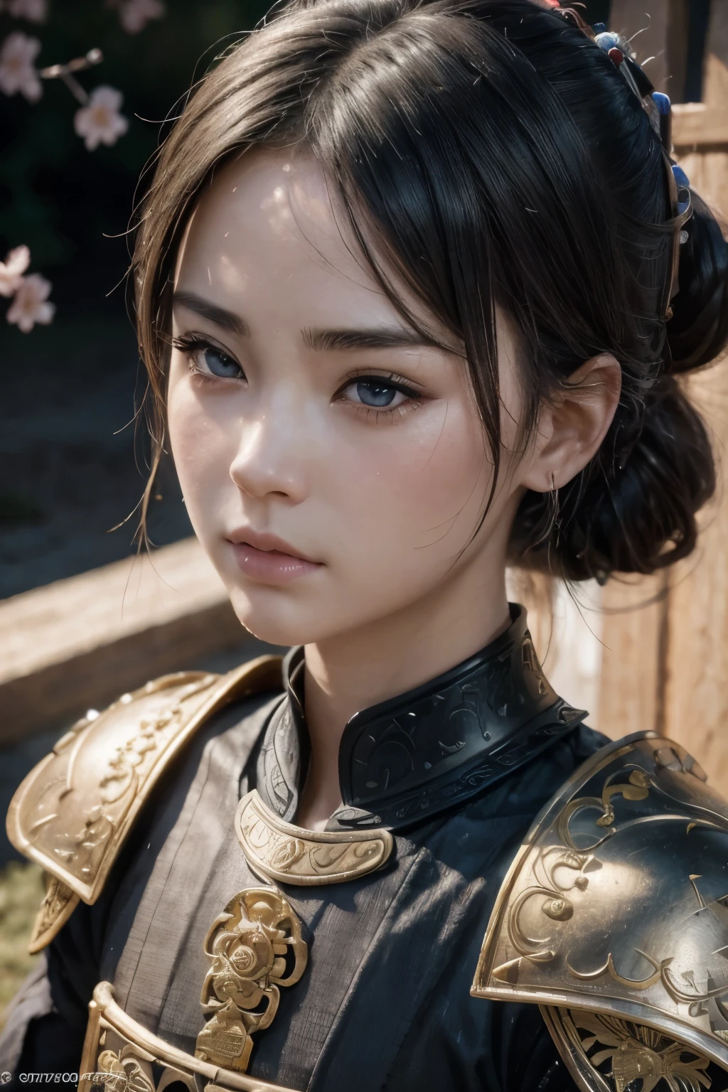 1girl, japanese samurai armor, 1 girl, beautiful detailed eyes, beautiful detailed lips, extremely detailed face, long eyelashes, detailed ornate samurai armor, dynamic samurai pose, cherry blossom petals, cinematic lighting, dramatic shadows, vibrant colors, (best quality,4k,8k,highres,masterpiece:1.2),ultra-detailed,(realistic,photorealistic,photo-realistic:1.37),concept art