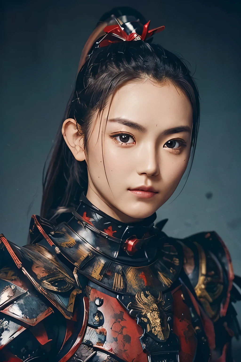 (highest quality:1.2),(perfect beautiful face 1.2),(perfect and beautiful posture:1.2),(Woman warrior:1.2),black ponytail hair,clear eyes,beautiful red and black armor,Deep Japanese facial features