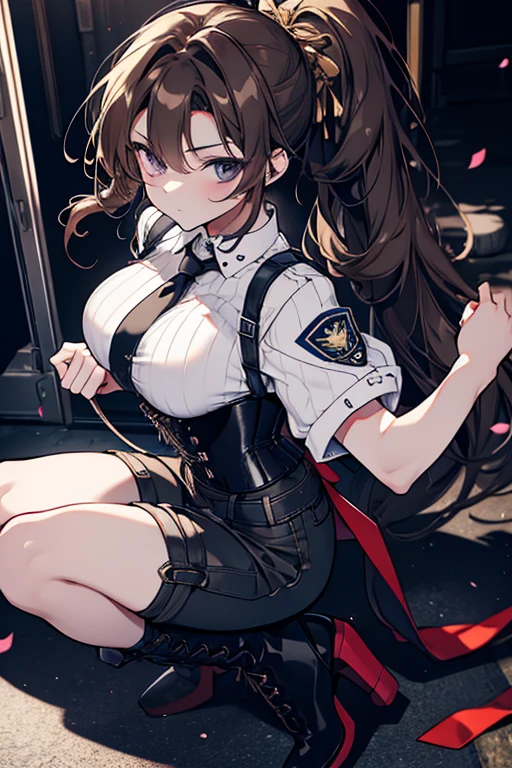 Moe anime illustration、High resolution、female bitch assassin、brown hair、white robes、Black Latex Bodysuit、assassins creed syndicate、London during the Industrial Revolution、Close-up of people、nipple、archaic smile、main street