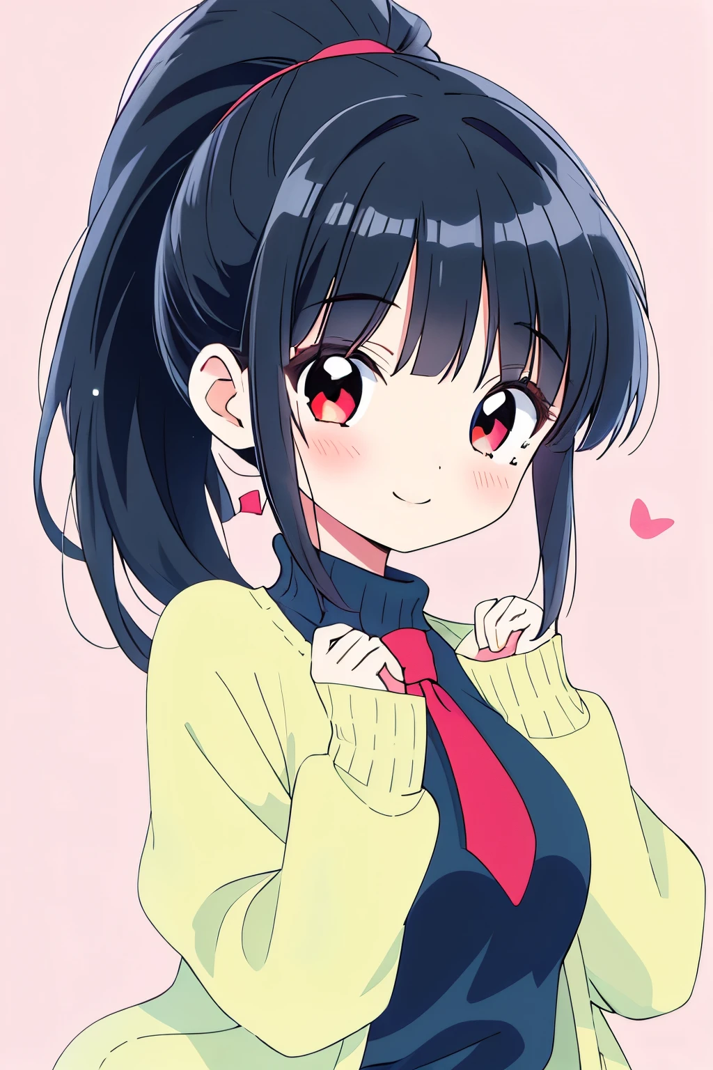 (1girl:1.2),
(shiny pitch black hair:1.3), ponytail,
red eyes,(slanted eyes:1.1),
(puff out cheeks:1.2),
Pure white Frilly blouse,
black thin ribbon tie at neck,
Put on a light pink sweater cardigan,
Perfect smile,open mouse,
Place both hands on cheeks,
(medium breasts:1.1),
(:1.1),
Whole body photography,
Light Pink Background,a lot Small dark pink heart pattern background,
best quality,Highly detailed,sharp focus,masterpiece, natural expression,