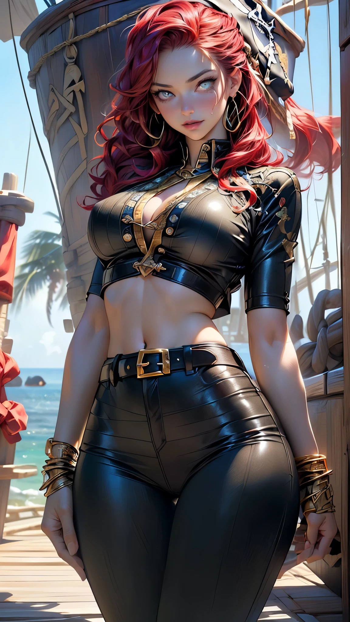 Femdom, Strong female pirate with big muscles winning, angry face, fishnet_stockings, Masturbation, woman is fingering herself with hand, outdoor, at a pirate ship