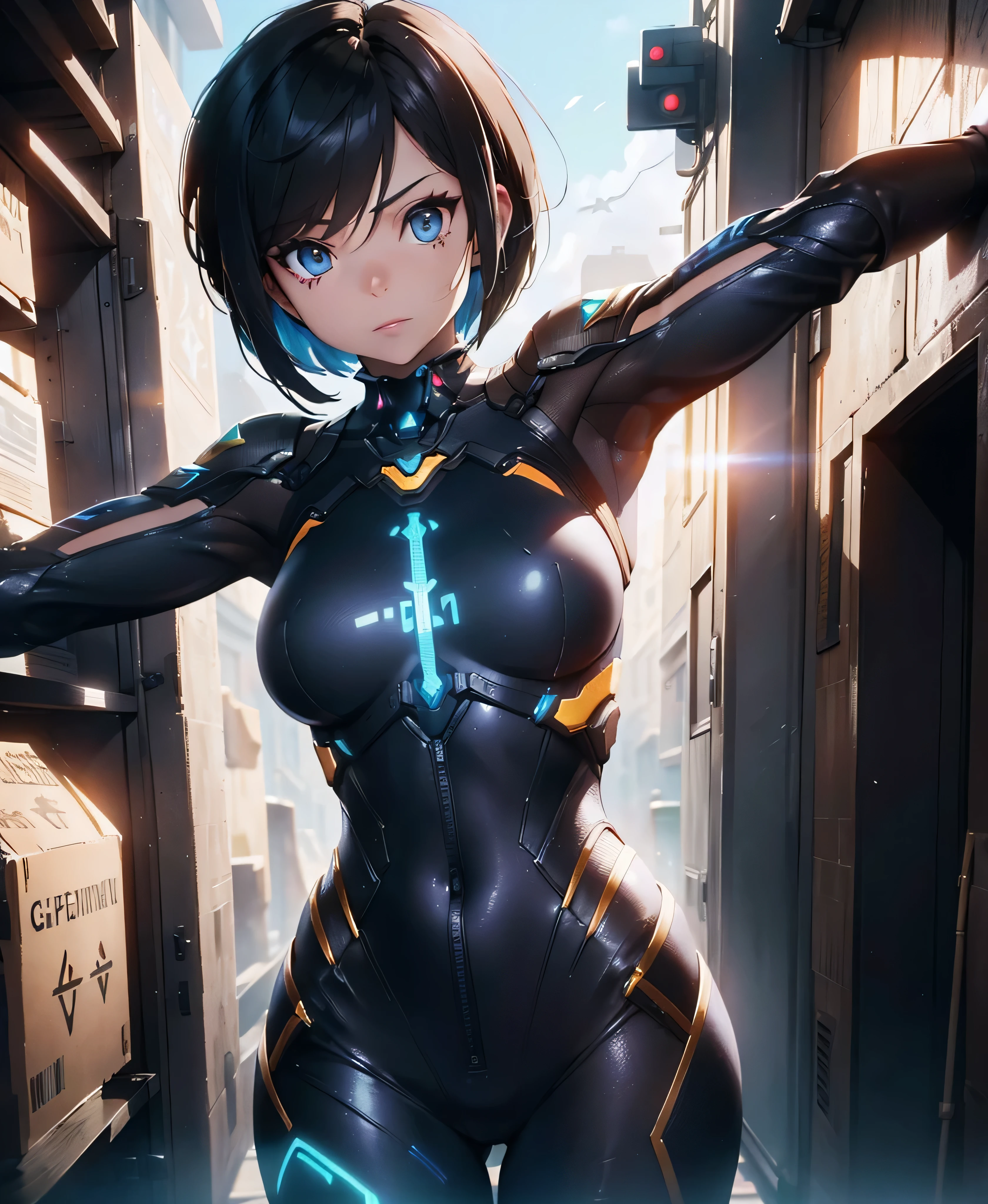 (hmochako:1.2), blush stickers, short hair, big breasts, superhero, (bodysuit: 1.2), smile, cute, (sexy pose: 1.2), looking at viewer, thick thighs, short hair, sitting, (breast focus:1.2), from above, (realistic:1.2), (realism), (masterpiece:1.2), (best quality), (ultra detailed), (8k, 4k, intricate),(full-body-shot:1), (85mm),light particles, lighting, (highly detailed:1.2),(detailed face:1.2), (gradients), sfw, colorful,(detailed eyes:1.2), (detailed skyline: 1.2),(detailed background), detailed landscape, (dynamic angle:1.2), (dynamic pose:1.2), (rule of third_composition:1.3), (Line of action:1.2), wide shot, daylight, solo.