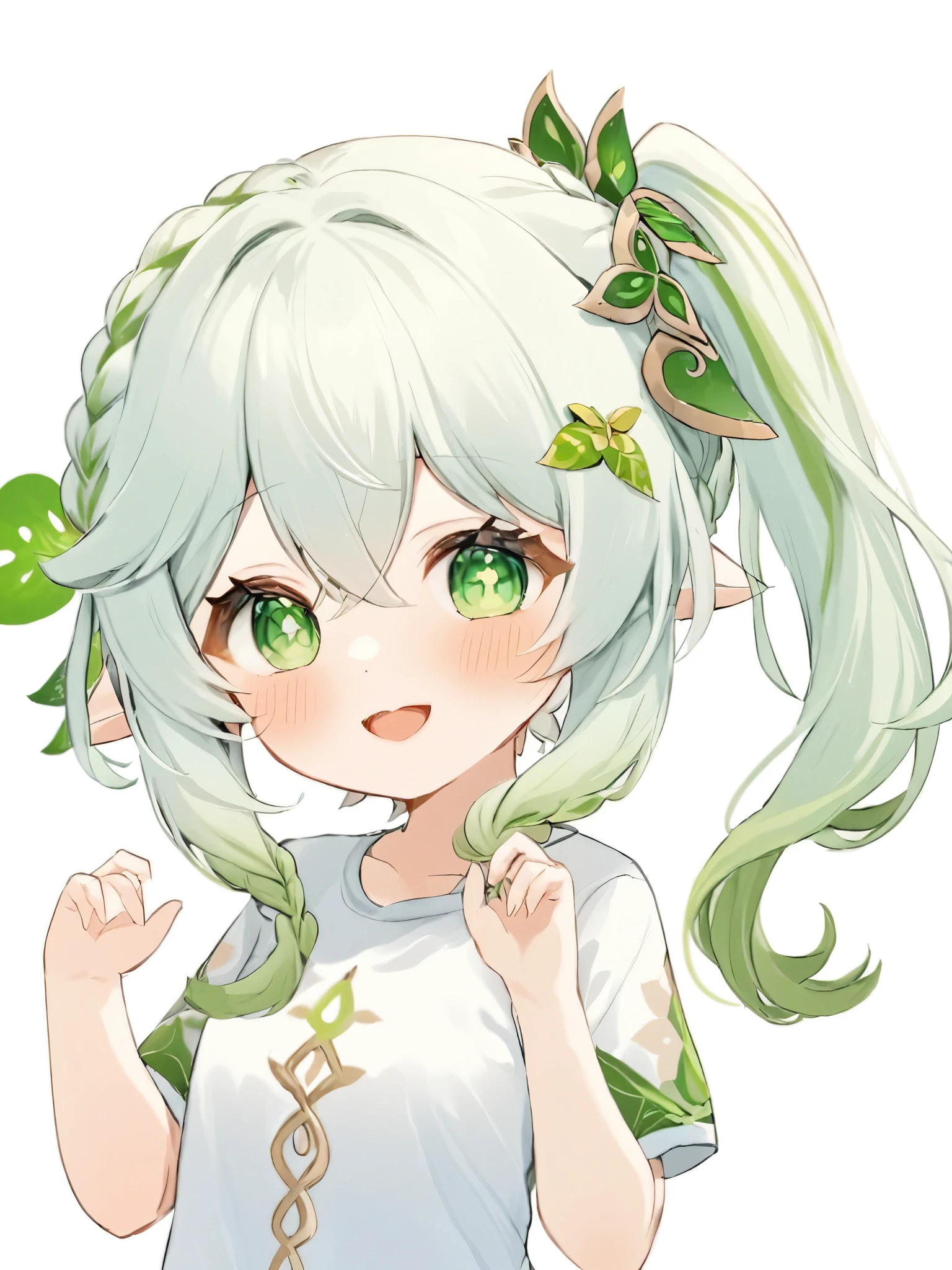 ï¼nahida_\(genshin_impact\), 1girl, green_eyes, pointy_ears, shirt, multicolored_hair, white_hair, white_shirt, side_ponytail, simple_background, short_sleeves, white_background, smile, green_hair, hair_ornament, symbol-shaped_pupils, braid, blush, long_hair, alternate_costume, bangs, t-shirt, gradient_hair, open_mouth, leaf_hair_ornament, female_child, hair_between_eyes