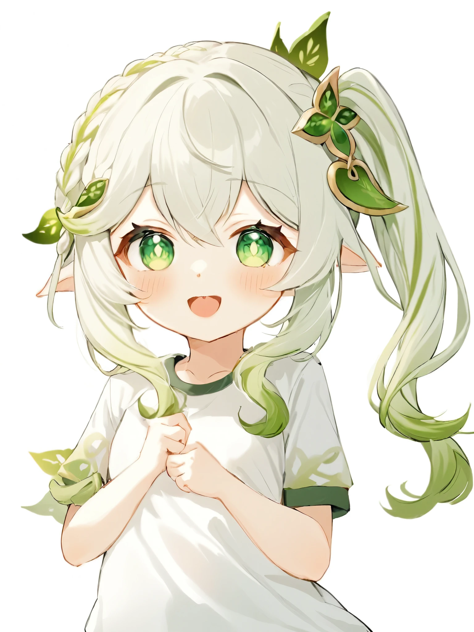 ï¼nahida_\(genshin_impact\), 1girl, green_eyes, pointy_ears, shirt, multicolored_hair, white_hair, white_shirt, side_ponytail, simple_background, short_sleeves, white_background, smile, green_hair, hair_ornament, symbol-shaped_pupils, braid, blush, long_hair, alternate_costume, bangs, t-shirt, gradient_hair, open_mouth, leaf_hair_ornament, female_child, hair_between_eyes