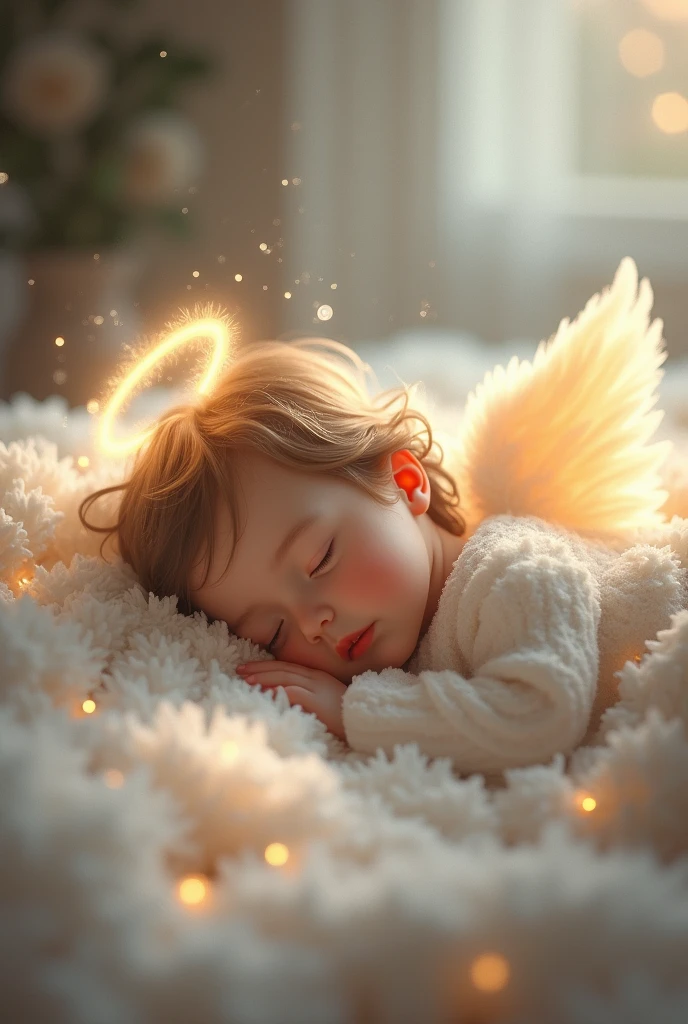 Cute little baby lying on a fluffy white blanket