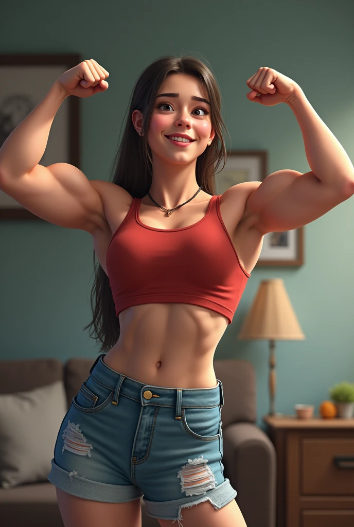 attractive arabian woman, ripped muscle, muscular body, pale skin, smile(blush), nude, denim pants, sixpack abs, [ultra detailed skin:1.2], dark brown hair, long breezy hair, 8k uhd, pussy, stand,