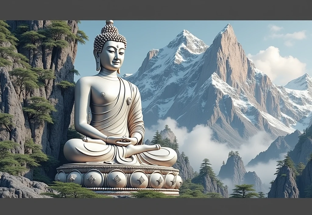 Lord Buddha smiles and seeing the beautiful snow mountain on the top realistic