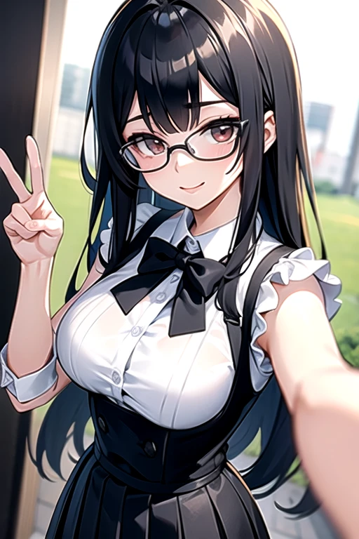 Highest image quality, outstanding details, ultra-high resolution, with a delicate and beautiful face wearing black glasses, dressed in a tight white button up with a tight short black cardigan and short black pleated skirt that hints at her form, black very long hair with bangs, colour white skin, beautiful brown eyes, small waist, solo, extremely large breasts, big boobs, selfie shot, holding up phone, genuine smile, peace sign