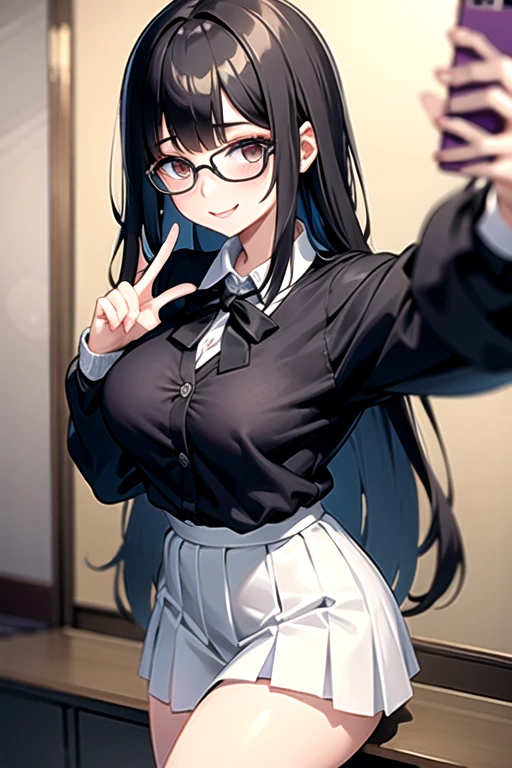 Highest image quality, outstanding details, ultra-high resolution, with a delicate and beautiful face wearing black glasses, dressed in a tight white button up with a tight short black cardigan and short black pleated skirt that hints at her form, black very long hair with bangs, colour white skin, beautiful brown eyes, small waist, solo, extremely large breasts, big boobs, selfie shot, holding up phone, genuine smile, peace sign