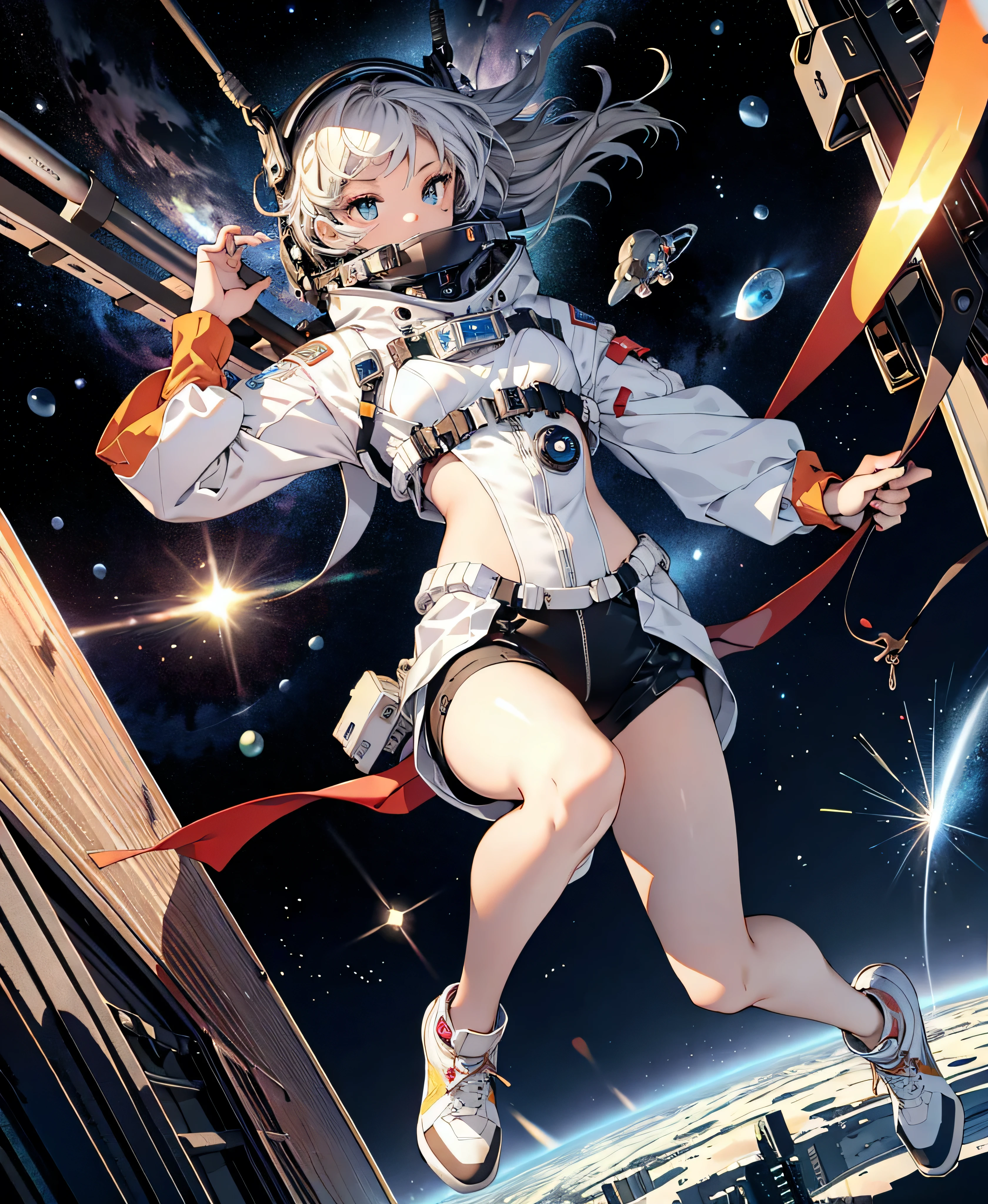 Highest quality,Highest Resolution,A beautiful android girl flying in space,Earth in the background,
