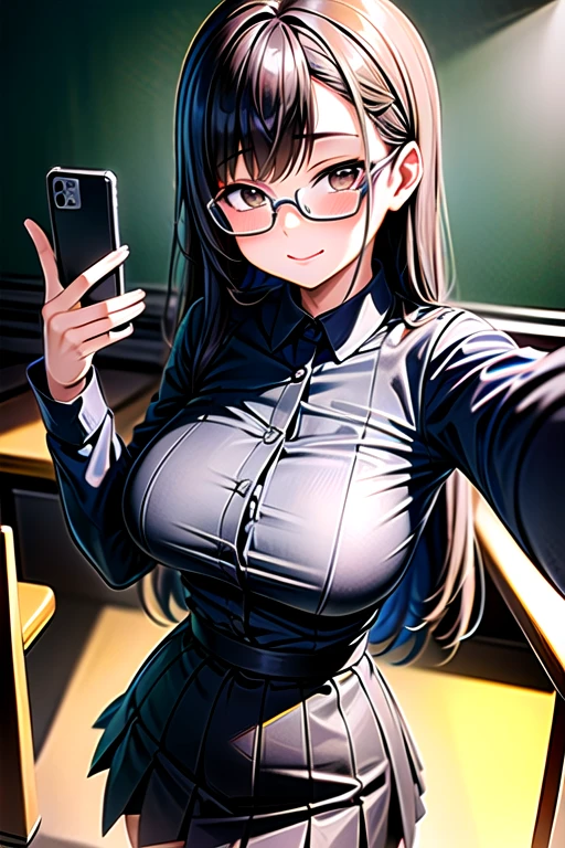 Highest image quality, outstanding details, ultra-high resolution, with a delicate and beautiful face wearing black glasses, dressed in a tight white button up with a tight short black cardigan and short black pleated skirt that hints at her form, black very long hair with bangs, colour white skin, beautiful brown eyes, small waist, solo, extremely large breasts, big boobs, selfie shot, holding up phone, genuine smile, peace sign, setting classroom, blackboard