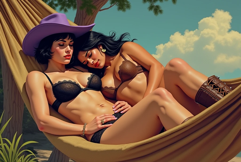 an illustration of two women laying in bed together, smiling at eachother. The first is a female gun slinger with short dark hair. The second is a native american woman in a hide bikini, long flowing black hair, dark skin, mamilos, nipples, nsfw, nudes