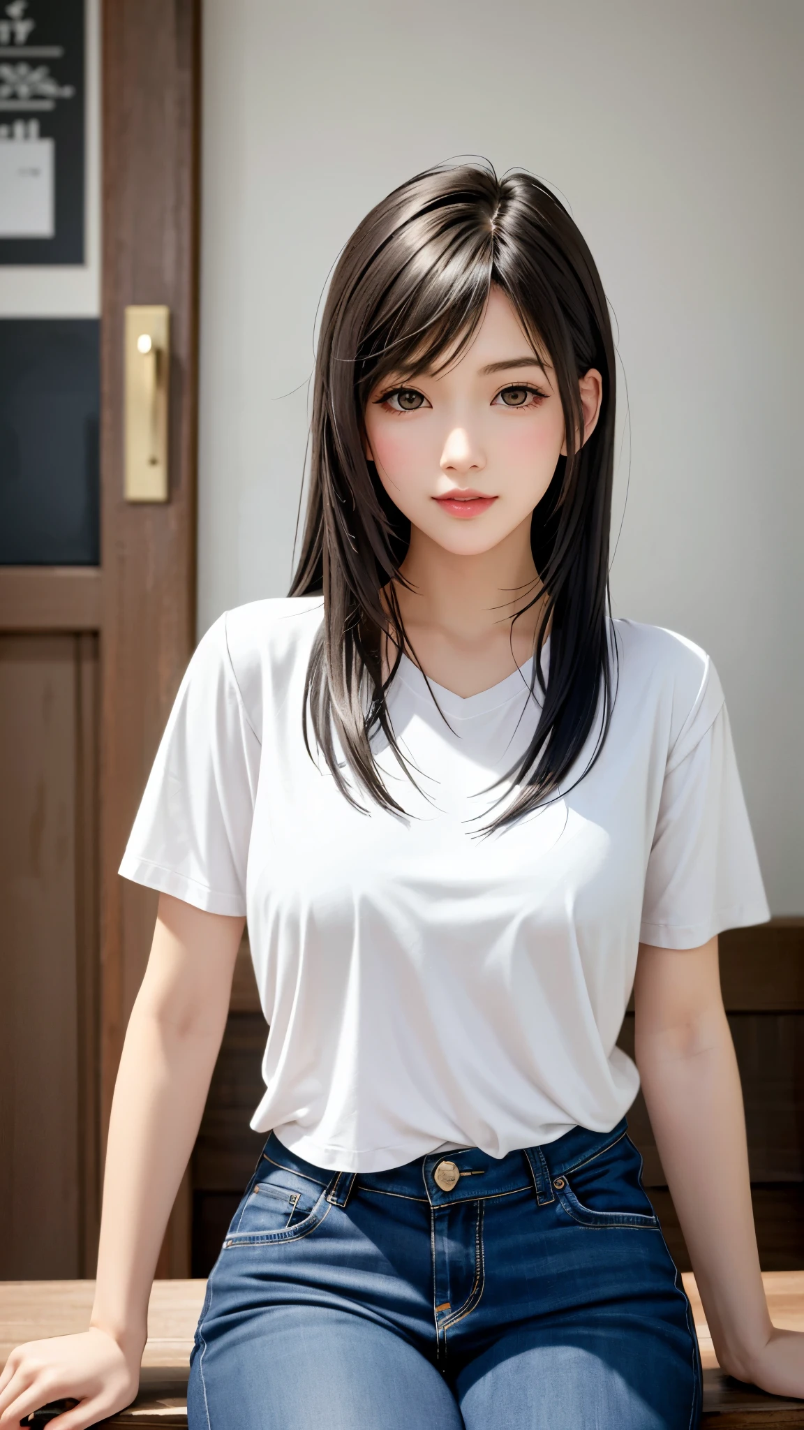 DEN_voly_SG:1.2 wearing a ((oversized t-shirt:1.2)), ((rocker t-shirt, logo on t-shirt)), ((black hair, long hair)), hyper realistic, 4k, medium breasts, masterpiece, beautiful, facing the viewer, headshot, denim pants, ((nasolabial folds)), DSLR RAW PHOTO, 8K, POV, canon 5d, 85mm, ((bedroom, early morning, sitting on a bed, dim lights, black background)), smirk, sexy pose, AS-Adult, (RAW photo:1.2), (photorealistic:1.4), (masterpiece:1.4), (best quality:1.4), ultra high res, ((detailed facial features)), HDR, 8k resolution, upper body, \(nikke\), (masterpiece:1.4), (best quality:1.4), (shiny skin),  <lora:p3r3zstyle:0.3>