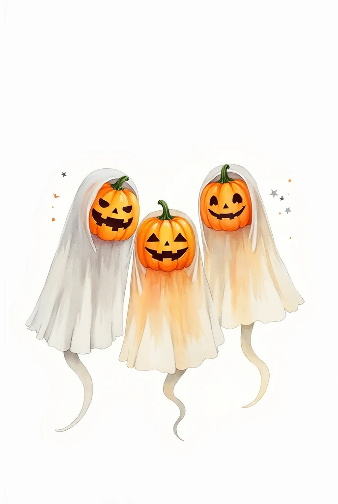 Three smiling ghostly figures with white hats and orange pumpkins. A textured, autumnal background with splashes of orange and brown. Warm tones of orange and brown, with a soft, earthy feel. Hand-drawn illustration.