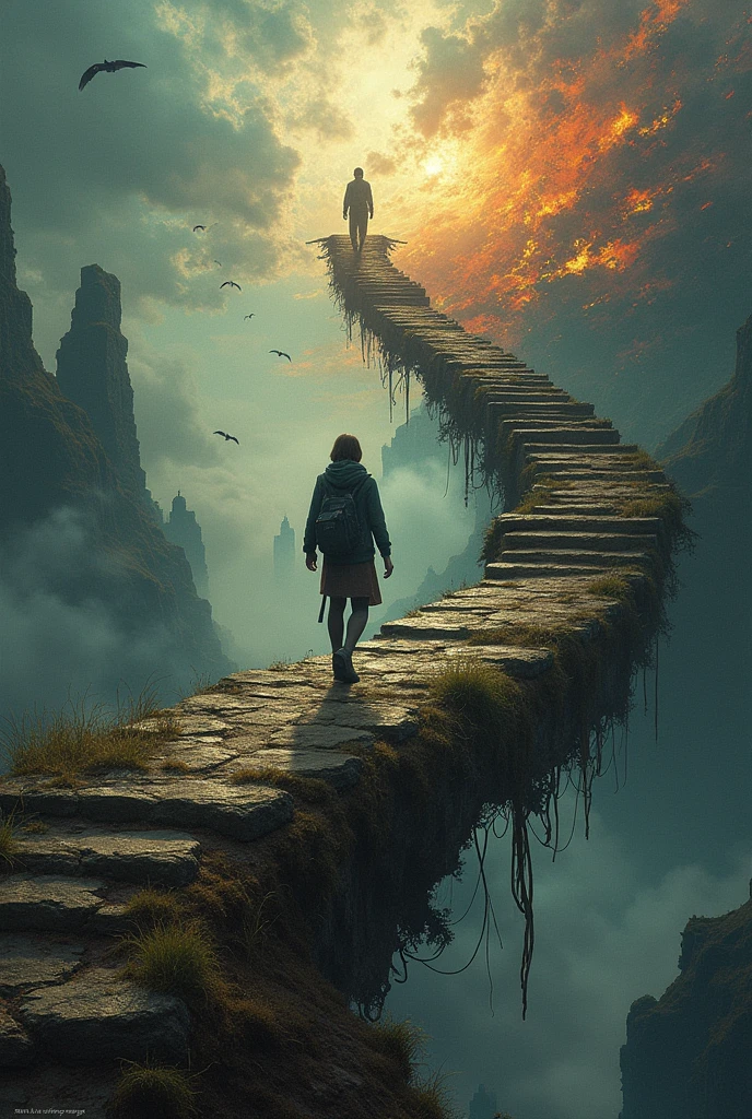 You could draw a person standing on a narrow, precarious bridge that spans across a deep chasm. The bridge could be old and rickety, with missing planks and frayed ropes, symbolizing the difficulty and danger of the journey. The person could be depicted mid-step, with one foot on the bridge and the other in the air, showing the act of moving forward despite the fear and uncertainty. Surrounding the scene, you could add a dark, stormy sky to heighten the sense of struggle, but include a small patch of clear sky or a distant light at the end of the bridge to signify hope and the importance of perseverance.