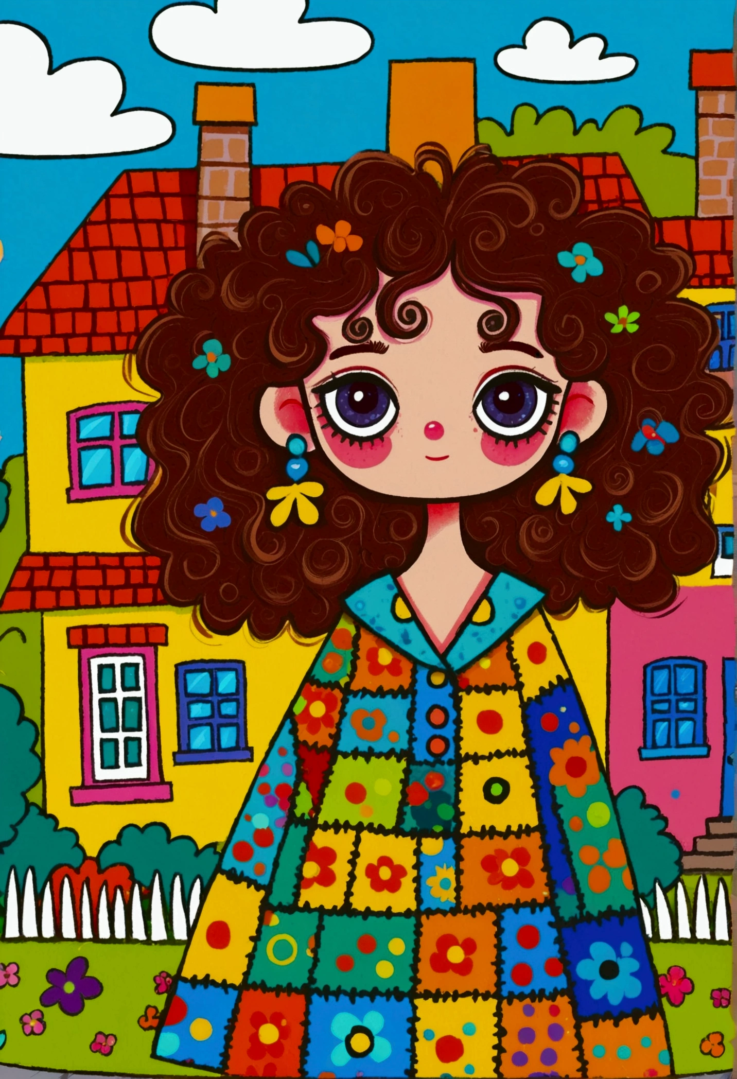 cartoon girl with curly hair and blue eyes standing in front of a house, cartoonish cute, cartoon digital art, patchwork doll, colorfull illustration, in style of digital illustration, colorful illustration, hand painted cartoon art style, digital art cartoon, , cartoon digital painting, cute digital art, girl, digital cartoon painting art, digital art. colorful comic