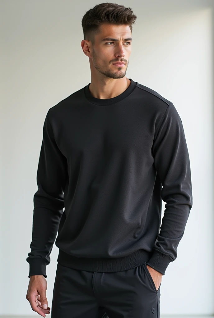 A man in a gray nightgown and black pants standing, camisola cinzenta, vestindo moletom, capuz cinza, capuz cinza, vestindo um moletom cinza com capuz, manga comprida, roupas cinzas, wearing a dark sweater, sweater, wearing casual sweater, cinza escuro, camisa cinza, em cinza gunmetal, mangas compridas, roupas casuais, Capuz, Studio Dark Grey Background, gola alta