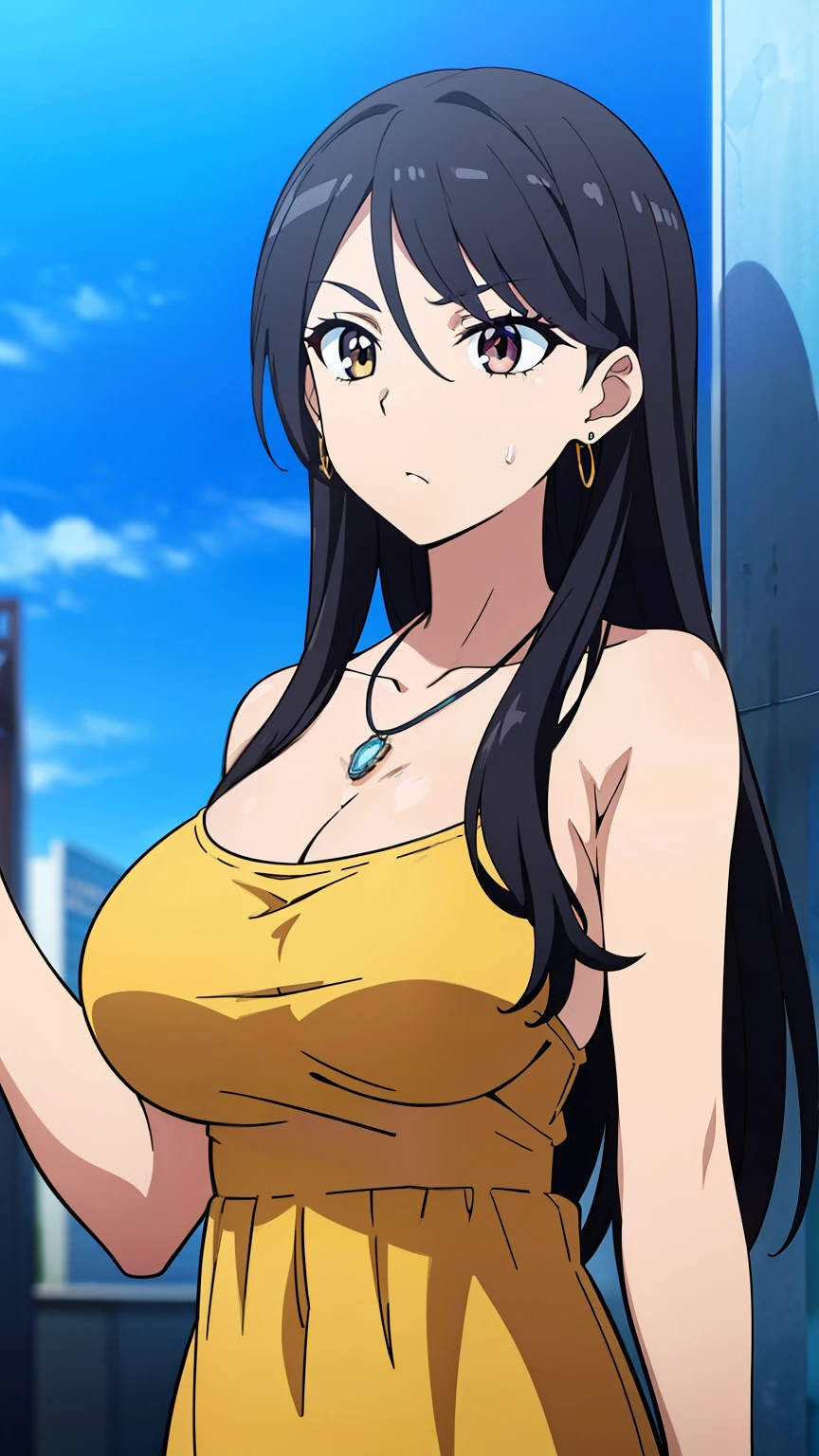 Best Quality、8k resolution、Anime Screen Capture、Anime Color、Anime key visual、1woman、 cute、Long Hair、Black Hair、cool、1、Big Breasts、Very large breasts、(clavicle, necklace, Earrings, Yellow Dress, Raffle, Earrings, compensate, hole:1.2)、Perfect Anatomy、Beautiful complex face、Exquisitely painted eyes、Beautiful fine hair、Beautiful complex body、Beautiful contours、Vivid Colors、Vivid lighting、