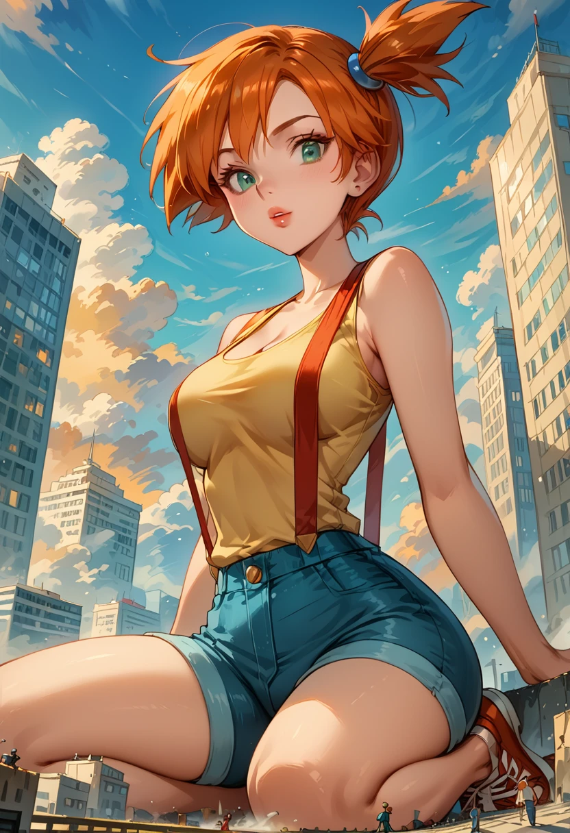 Dark Fantasy Art of score_9, score_8_up, score_7_up, rating_questionable, fantasy, lighting, epiCPhoto 1girl, mature woman, very sexy (Misty_Pokemon), (short hair, orange hair, one side up hair, green eyes, medium breasts, skinny), cleavage, (yellow t-shirt, tight sleeveless t-shirt, red suspenders:1.3), blue shorts, red sneakers, solo, cute, flirt, gaze, sexy look, half-closed eyes, head tilt, filled lips, thick lips, makeup, (Washington D.C.:1.6), modelling shoot, kneeling, (grinding on large marble obelisk, buttjob:1.5), sexy pose, dark, moody, dark fantasy style, (daytime, sunny:1.2), ((giant, giantess, jvdaniang, mega size:1.4), low angle.