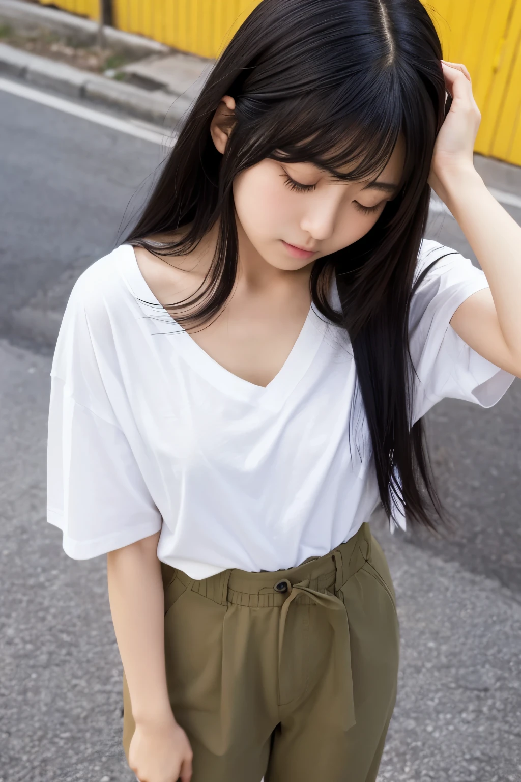 schoolgirl in school uniform、extremely realistic photographs、young japanese girl、Girl in school uniform、Thin white t-shirt、thin skirt、Girls who endure the heat、Young features、Sweat running down the nape of the neck、Drops of sweat dripping from the chin、Glistening sweat on wet arms and thighs、Slender thighs, Liquid wet arms and face、Joints are wet with sweat、Clothes stuck to sweat、There is a small puddle of sweat between the chair and the thigh of the foot、Sweat running down the inside of the skirt、Between the inner thighs、There is atmospheric convection like boiling、For close contact between chair and thigh、I feel like I'll squeeze it later、Sweat oozing from the shadows of clothes、Slender limbs、small tits、A dark-haired、Bangs clinging to sweat、Armpit sweat stains、Clothes are damp with sweat underneath、The skirt is damp from sweat on the inside of the skirt、Sunlight is shining in、Sweat slightly oozes on the skin、Teenage skin、Fine-grained skin、Clothes stuck to sweat、Sweat running down the inside of the thigh、Realistic skin、summer day、Wind blowing through the window at the back of the screen、Hair swaying in the wind、T-shirt swaying in the wind、Skirt movement swaying in the wind