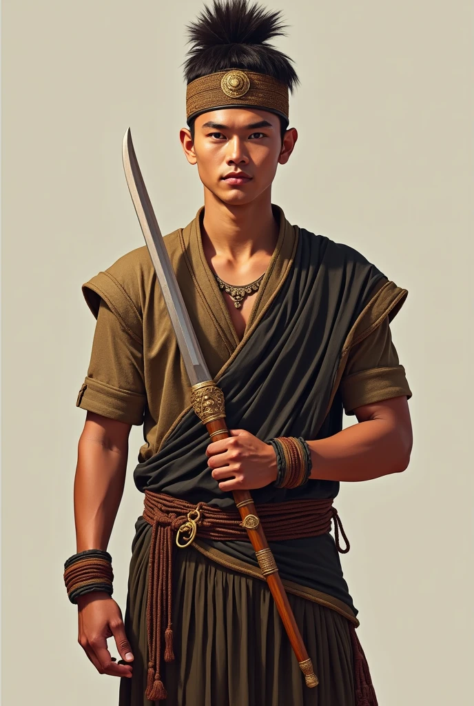 Draw me a picture,a bare-chested man,he wears a belt and typical Javanese clothing such as batik cloth and a shawl,she didn't wear any jewelry except a small necklace,he wears a belt with a keris tucked into his belt,he also wears shorts,her hair is tied in a bun,and he wears a quiver of arrows on his back, his body is slim and not muscular,her skin is clean and white,he smiled a little,he faces forward with his arms crossed